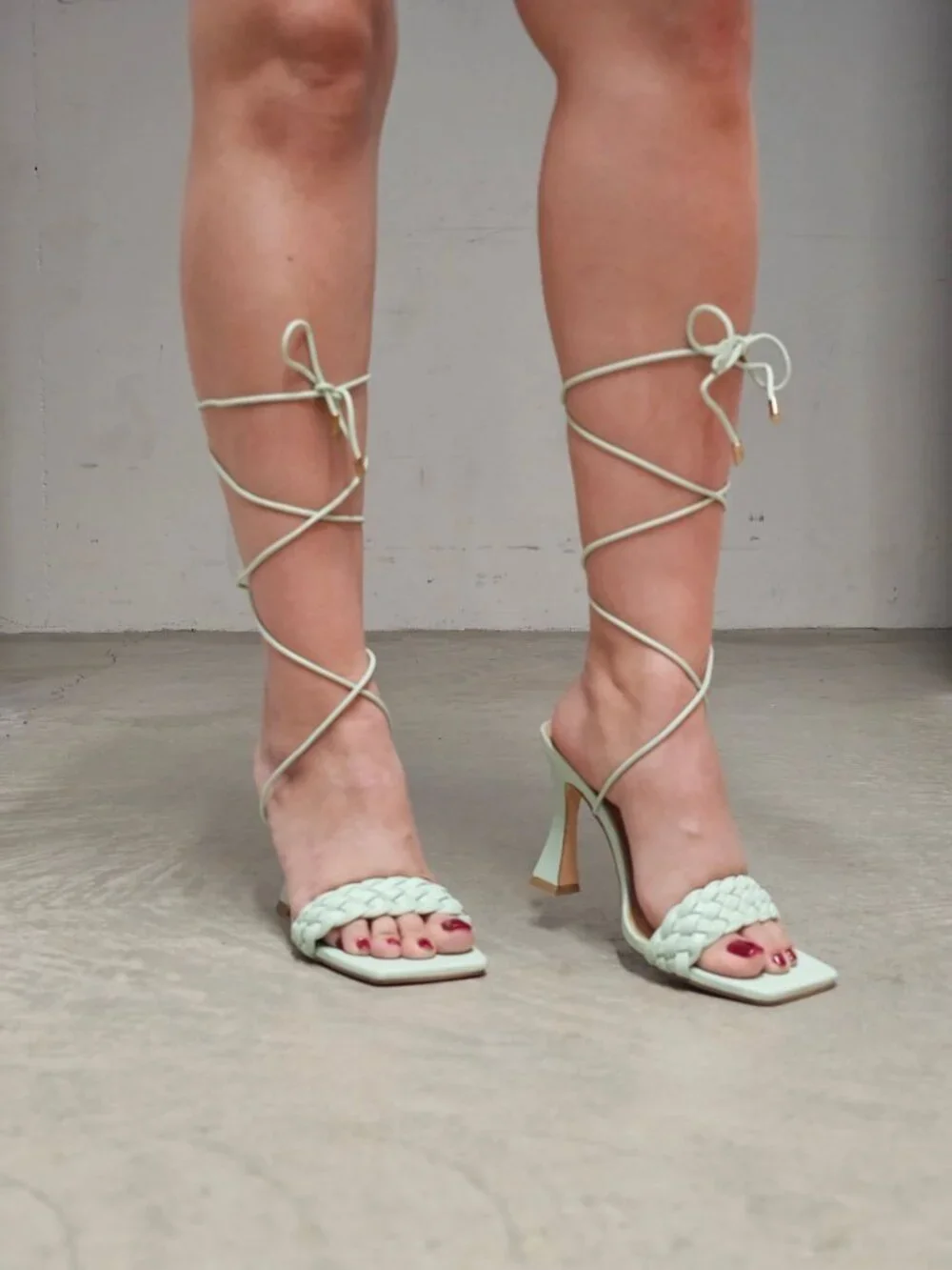 Strappy Mint Green Lace-Up Heeled Sandals With Braided Front Design Square Toe A